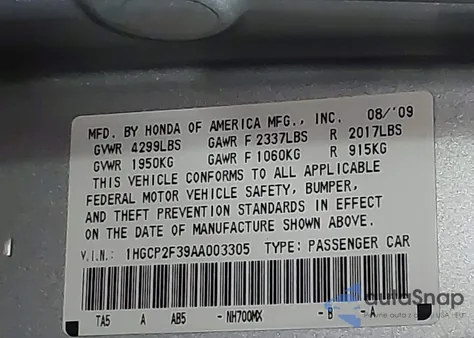 2010 Honda Accord 2.4 Lx from USA, damaged, VIN 1HGCP2F39AA003305